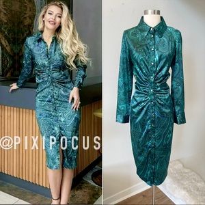 ZARA RUCHED SATIN SHIRT DRESS SCARF PRINT BOTTLE GREEN